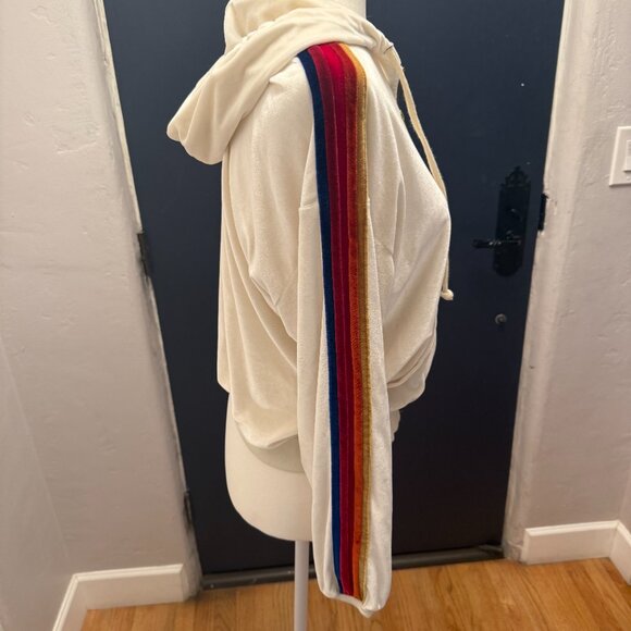 Aviator Nation White Velour Hoodie Rainbow Sleeves XS - Picture 3 of 5